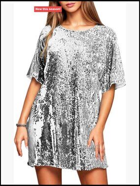 Women's Sequin Shift Dress Short Sleeve Loose Fit Sparkly Party Club Cocktail